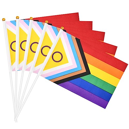 20 Pieces 5 x 8 Inches Small Intersex Inclusive Progress Pride Flag Sticks - Handheld Progress Pride Flags, Mini LGBTQ Rainbow Gay Flag for Outdoor LGBT Parades, Rainbow Pride Month Party Decorations