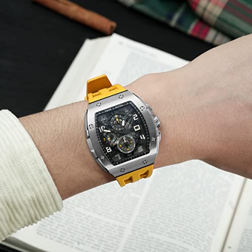 TSAR BOMBA Watches For Men - Chronograph Japanese Movement Sapphire Glass - 50M Waterproof Men's Watch - Square Tonneau Wrist Watches Silicone Band Luminous Calendar Luxury Gifts for Men