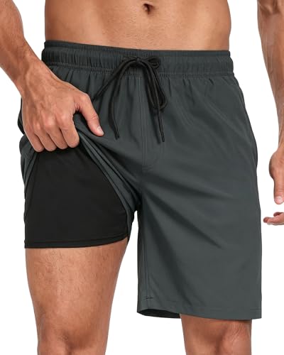 Image of Mens Swim Trunks with Compression Liner 2 in 1 Quick Dry Swimming Shorts Swimwear Bathing Suits with Pockets