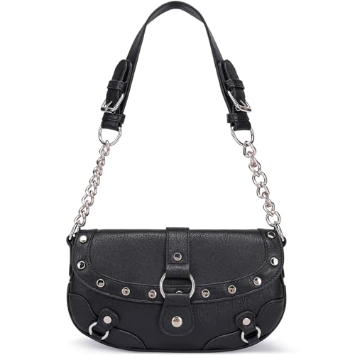 Women's Punk Retro Y2k Mini Purse Rivets Small Saddle Shoulder Bag with Chain Strap and Buckles