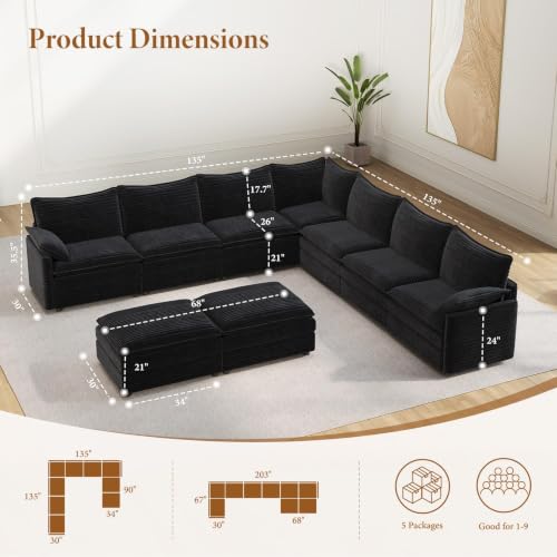Image of Vesgantti 135 inch U Shaped Sectional Modular Couch, Comfy Cloud Sofa, Black