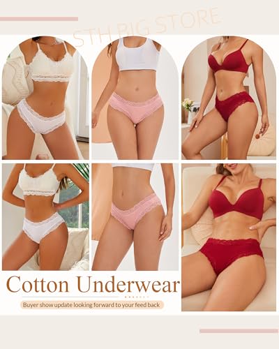 Image of Sth Big Womens Cotton Underwear Sexy Lace Brazilian Panties Soft Breathable Cotton Bikini for Ladies 6 Pack
