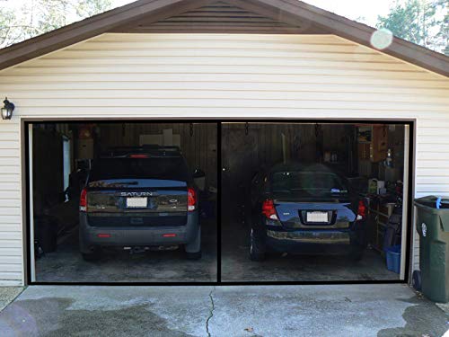 Image of Garage Door Screen - 2 Car 14x7Ft Magnetic Closure Heavy Duty Weighted Bottom Screen Self Sealing Fiberglass Mesh Retractable Net - Easy Assembly & Pass-Through(Black)