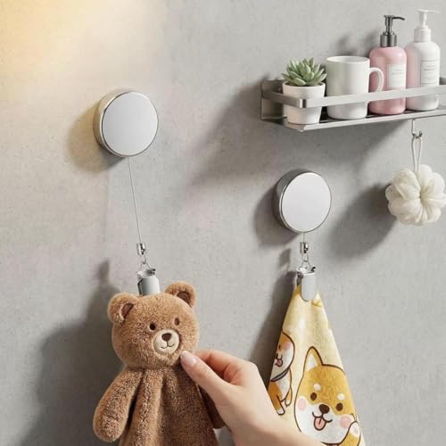 Image of Self Adhesive Retractable Towel Clip Holder, Stainless Steel No Drill Wall Mounted Cloth Hanger with Pull Cord for Dish Towels, Hand Towels and Cleaning Rags in Kitchen or Bathroom
