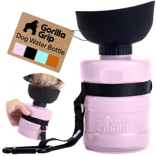 Image of GORILLA GRIP Dog Water Bottle, Portable Water Bowl Dispenser for Dogs, 12 oz Leak Proof Pet Travel Squeeze Bottles, Food Grade Silicone, to Go Puppy Essentials, Hiking Camping Trip Accessories, Pink
