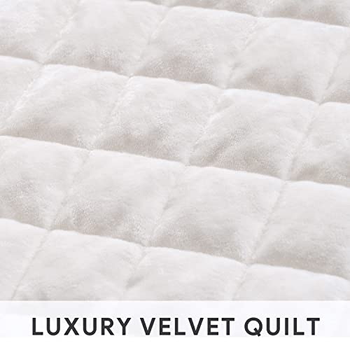 Recyco Luxury Velvet Quilt Set King Size, Lightweight Velvet Comforter Set, Oversized Bedspread Coverlet Quilted Bedding Set, With 2 Matching Pillow Shams, For All Season, Cream White #TOP3