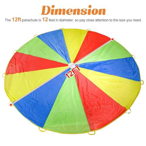 Sonyabecca Parachute, Play Parachute 10ft 12ft 16ft with 12 Handles 20ft 24ft with 16 Handles for Kids Cooperation Group Play
