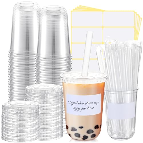 Ziliny 25 Sets Crystal Clear Plastic Cups with Lids Straws and Stickers Disposable Iced Coffee Cups Thickened PET for Iced Coffee Bubble BobaTea Smoothie Cold Drinks Juice Shops (16 oz)