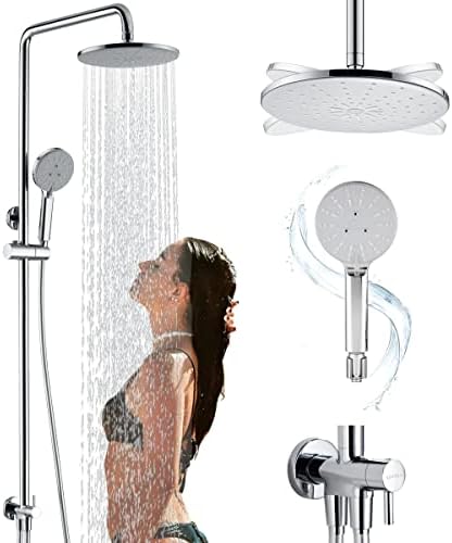 Shower Column System Set Rainfall Shower Head and Hose Set, Uvish Stainless Shower Riser Rail Kit with 3-Functions Hand Shower and Brass Shower Diverter, Shower Kit without Tap Easy-to-Install, Chrome