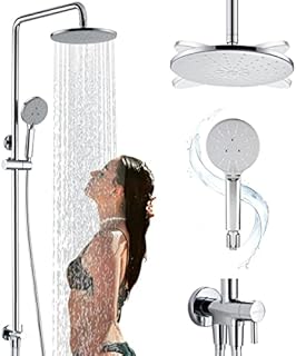 Shower Column System Set Rainfall Shower Head and Hose Set, Uvish Stainless Shower Riser Rail Kit with 3-Functions Hand Shower and Brass Shower Diverter, Shower Kit without Tap Easy-to-Install, Chrome