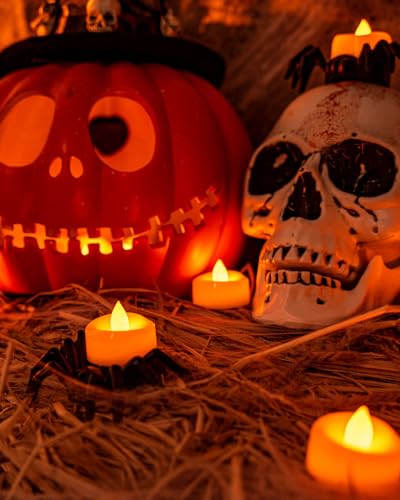 Image of merrynights Halloween Flameless Candles, 12-Pack Orange Tea Lights Candles Battery Operated, LED Pumpkin Lights Flickering, Electric Fake Tealight Candles, 1.5'' D X 1.25'' H