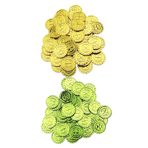 200個 聖パの金貨の小道具 セントパディパーティーの記念品 黄金のコインチャーム パトリックの日 幸運のシャムロックコイン パトリックデーパーティーの装飾 緑の装飾 プラスチック Vaguelly