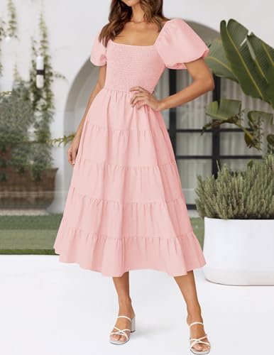 ZESICA Women's 2025 Summer Square Neck Short Puff Sleeve Solid Color High Waist Casual Smocked Flowy A Line Tiered Midi Dress - Image 4