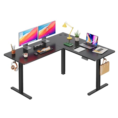 Image of DEVAISE 63 Inch L Shaped Electric Standing Desk, 3 Adjustable Computer Desk for Home Office, Ergonomic Sit to Stand Desk with LED Touchscreen,Headphone Hook, 3 Memory Preset, with Split Top, Maple