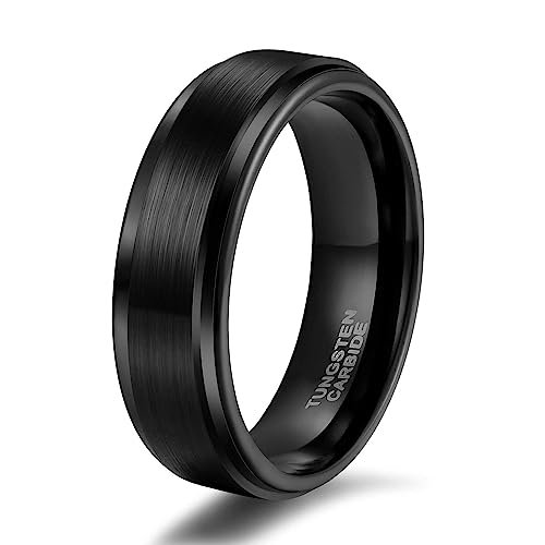 Titaniumcentral Anillo para hombre y mujer, negro, carburo de tungsteno cepillado, anillos de compromiso, alianzas de boda, 6 mm, 8 mm, Tungsteno