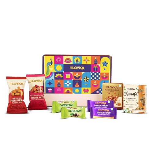 Loyka Aura Dryfruit Diwali Chocolate Gift Box 10 Inclusions – Almond Brittle Gold, Kunafa Brittle, Trail Mix, Peri Peri Cashews, Paan Dates, Choco Dates & Moti Diya – Chocolate & Dry Fruit Hamper