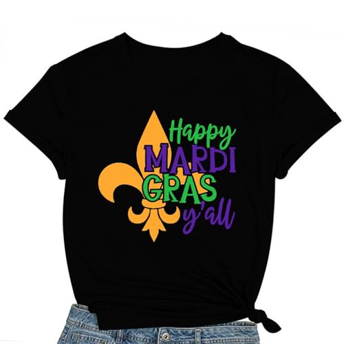 COMIZI Womens Mardi Gras Shirts Happy Mardi Gras Yall Tshirt Carnival Short Sleeves Black