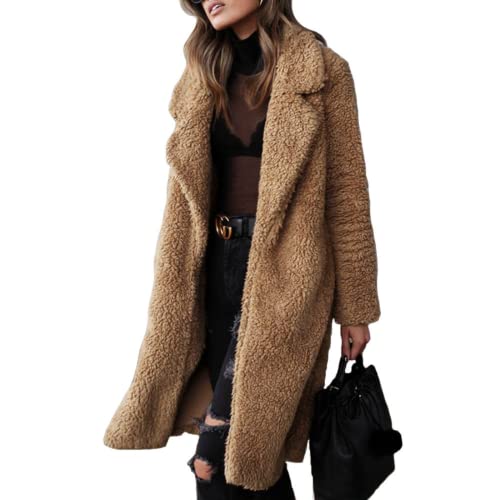 HAHII Cardigan long ouvert sur le devant pour femme - Manteau en peluche à revers - Couleur unie - Chaud - Pour l'hiver (marron, M) Cover
