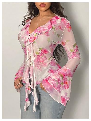 Floerns Women's Floral Bell Sleeve Tops Lettuce Trim Ruffle Tie Front Mesh Tops2