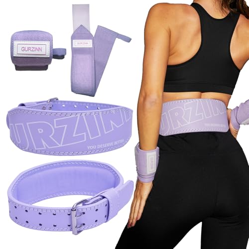 Weight Lifting Belt 4 inch Leather Belt Foam Padded Back Support Gym Belt for Bodybuilding Squat Deadlift Weightlifting Belt Women Free Wrist Wrap(Purple/XS)