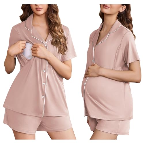 Image of Ekouaer Women's Maternity Nursing Pajama Sets Button Down Postpartum Pajamas Short Sleeve Breastfeeding Clothes