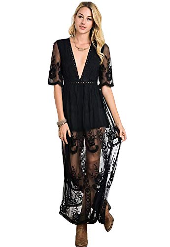Eleter Women s Deep V-Neck Lace Romper Short Sleeve Long Dress (L,Black)