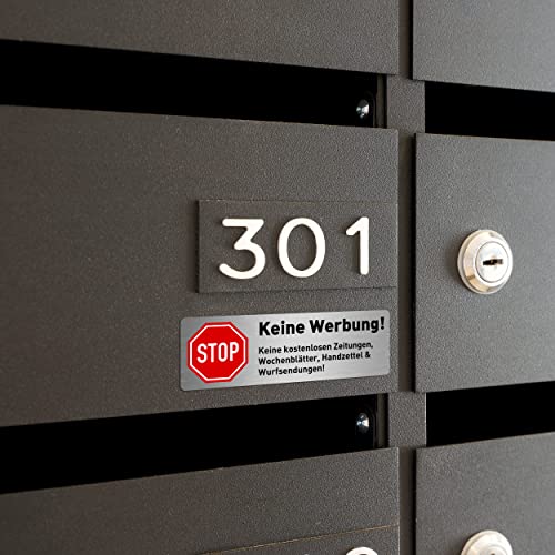 5 x Keine Werbung Aufkleber für Briefkasten (6,7 x 2,1 cm klein) - Keine kostenlosen Zeitungen und Reklame einwerfen - Briefkastenaufkleber - Selbstklebend - Edelstahl Optik
