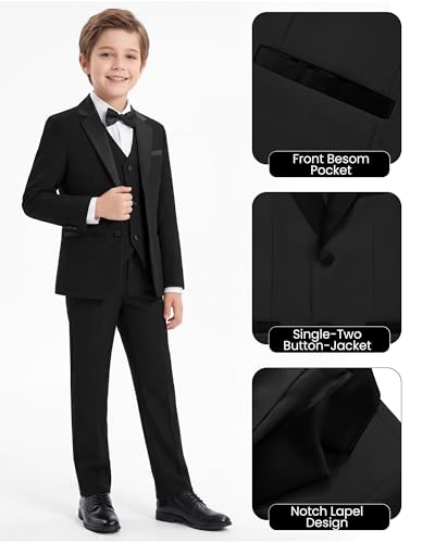 WULFUL Boys Suits 5-Piece Tuxedo Suit Set: Jacket, Pants, Shirt, Vest & Bow Tie for Kids Wedding Ring Bearer Party Black