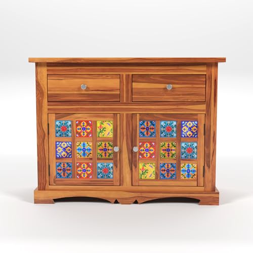 Image of Solid Wood 2 Drawer and 2 Door Chest of Drawer & Sideboard Storage Cabinet for Living Room Bedroom Kitchen Home (Adolph, Honey Finish)
