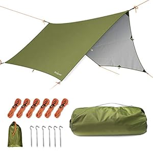 Unigear Zeltplane wasserdicht, 350x290cm/450x420cm sechseckig Tarp mit Ösen + 6 Aluminium Erdnägel+ 6 Seilen, Abdeckplane für Hängematte, Regenschutz Sonnenschutz für Outdoor Camping Picknick Festival