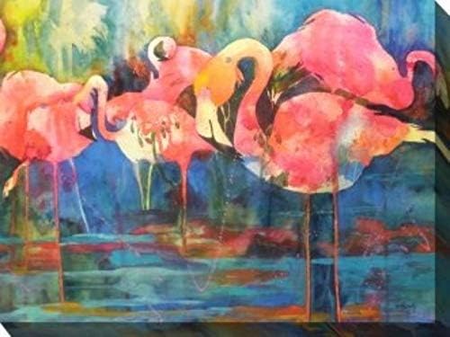 Pink and Blue Flirty Flamingos Outdoor Canvas Rectangular Wall Art Decor 40" x 30"