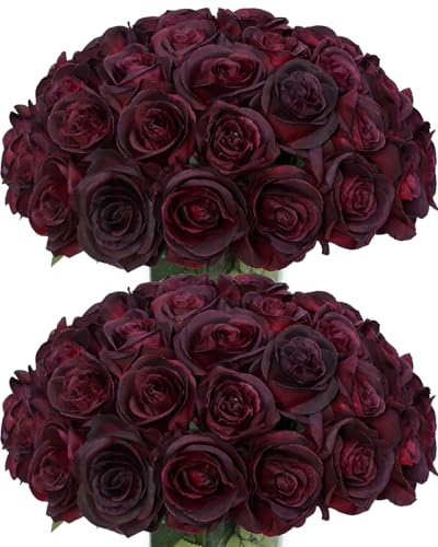 Lcuasc 50pcs Artificial Roses Flowers in Bulk,Realistic Silk Fake Rose with Long Stem for Wedding Centerpieces Bouquet Party Floral Arrangement Home Decoration (Black&Red)