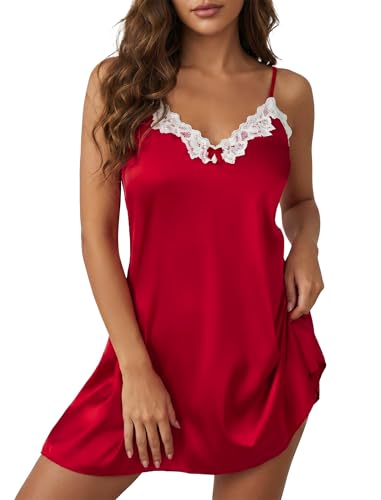 Image of Girece Sexy Night Gowns for Woman Silk Nightgown Lace Trim Sleep Dress Babydoll Lingerie Satin Nighty Negligee