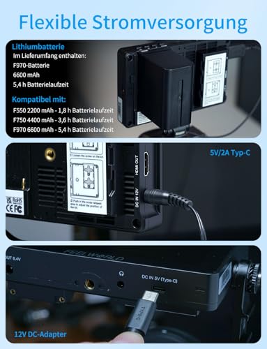 FEELWORLD F5PROX Kamera Field Monitor 5.5 Zoll 1600Nit Touchscreen 3D LUT 1920x1080 IPS 4K HDMI DSLR Camera Monitor mit F970 Akku Kameratasche Typ-C-Eingang