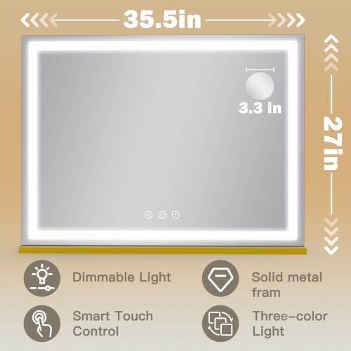 Image of ROLOVE Gold Hollywood Vanity Mirror with Lights, 35.5 inch x 27 inch Large Makeup Mirror, Luxury Gold Frame, USB Charging Port, 3 Color Dimmable Lighting, Detachable 10X Magnifier, Wall Mounted or Tabletop