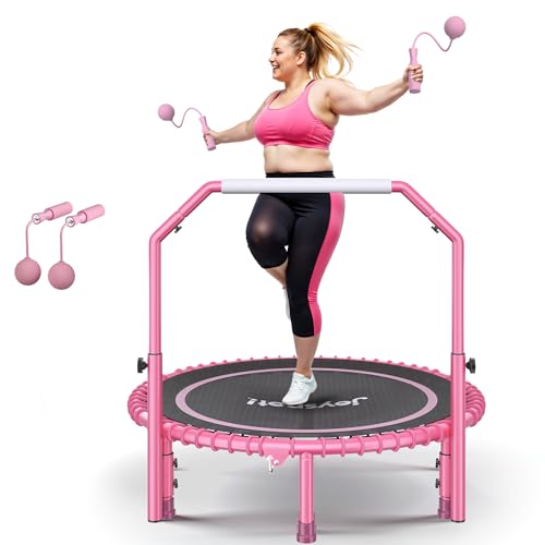 JOY SPOT! Mini Fitness Trampolin, Ø102cm Faltbares Trampoline mit Bungee-Seilen & verstellbarem Griff, Maximale Belastung 204kg, Rebounder Trampolin Indoor Outdoor mit springseile für Heimtraining