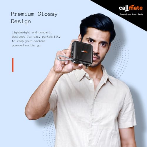 Image of CALLMATE Globetrotter 23W PD Fast Charging 10000mAh Power Bank with Built-in Charger (2.4A), USB-A QC 3.0 & USB-C PD Output Port with Built in Cable (Light-ning & Type C) (Black)