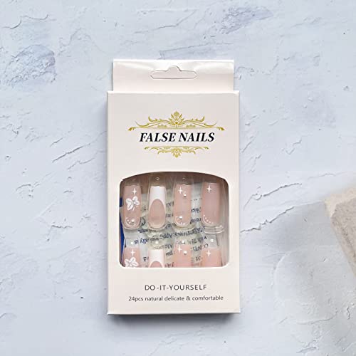 24Pcs Long Fake Nails Square French Tip Fake Nails Pink Full Cover Glue On Nails White Nail Tip False Nails With Butterfly Designs Glossy Artificial Nails For Women And Girls #TOP3