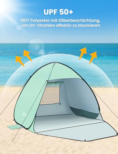 Glymnis Strandmuschel Pop Up Strandzelt Strand Zelt mit Reißverschlusstür UV-Schutz 50+ Windschutz kleines Packmaß Blau Strandzelt – Bild 5
