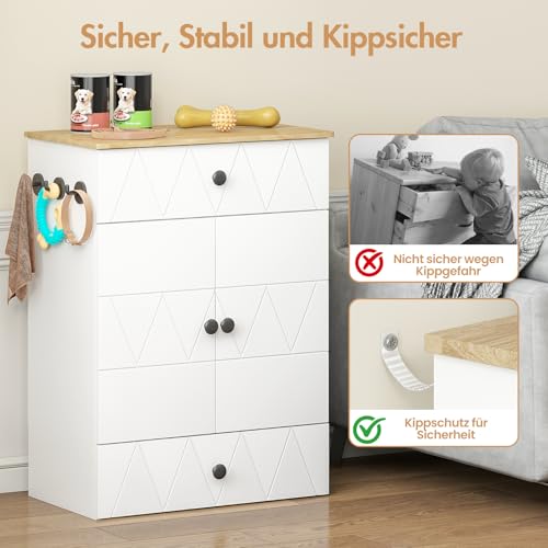 Haustier-Futterschrank mit Lagerschrank, Futterschrank Hund mit 2 Edelstahlnäpfen & 3 Haken, Hundefutterstation mit Schubladen & Verstellbarer Ablage, Hundebar für Hunde, 61x35,5x82,5cm (Weiß)