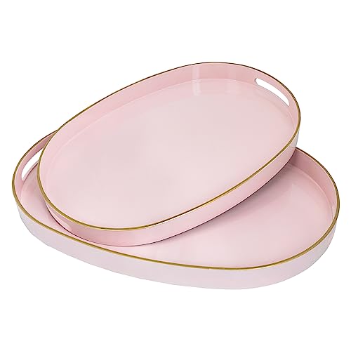 MAONAME Pink Decorative Tray Set of 2, Oval Serving Tray with Handles