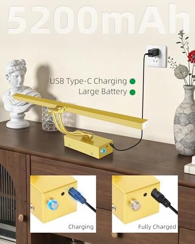 Image of 4Pack Rechargeable Picture Light, 5200mAh Brass Battery Operated Picture Lights for Wall with Remote Control, 300LM 3000K Warm White Light 16 inch Metal Dimmable Picture Light for Painting & Artwork