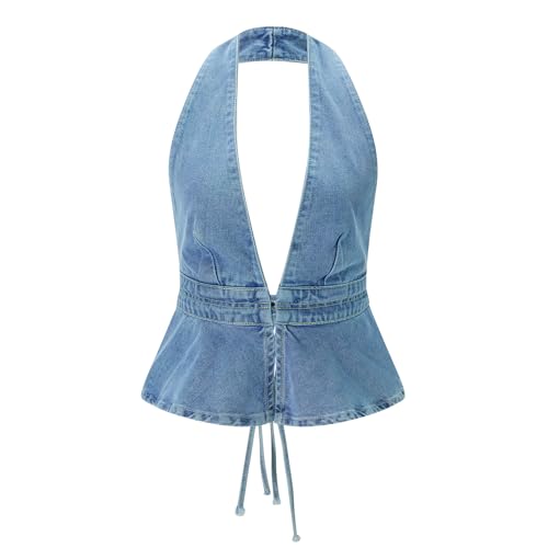 Women Y2K Denim Vest Vintage Sexy Sleeveless Backless Tie Back Tank Top Halterneck Jean Vest Top Streetwear2