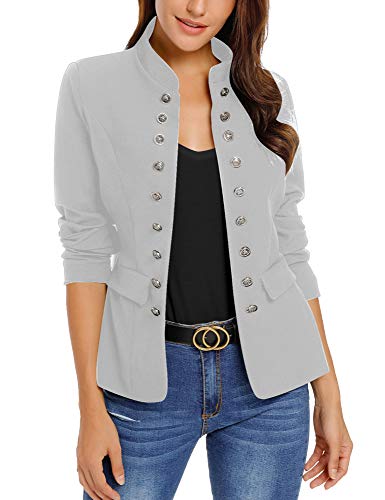 Roskiky Damen Blazer für Frauen, Cardigan, Freizeit Business Jacke, mit Taschen, Deko Knöpfe vorne Grau Größe XL (Fits EU 48-EU 50) Cover