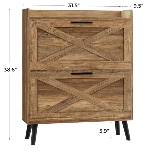 Image of Homleke Farmhouse Shoe Storage Cabinet with Flip Drawers & Barn Door Design | Slim Narrow Shoe Rack Cabinet with Adjustable Shelves & Hidden Storage for Entryway, Hallway, Living Room, Rustic Walnut