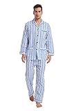 GLOBAL Mens Pyjamas Set | 100% Cotton PJs | Button Front Top and Elastic and Drawstring Bottoms Blue,Stripe M