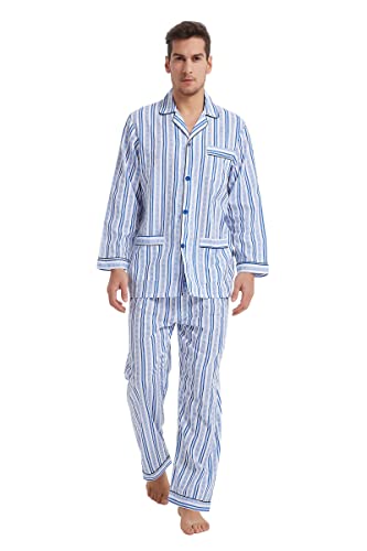 GLOBAL Mens Pyjamas Set | 100% Cotton PJs | Button Front Top and Elastic and Drawstring Bottoms Blue,Stripe L