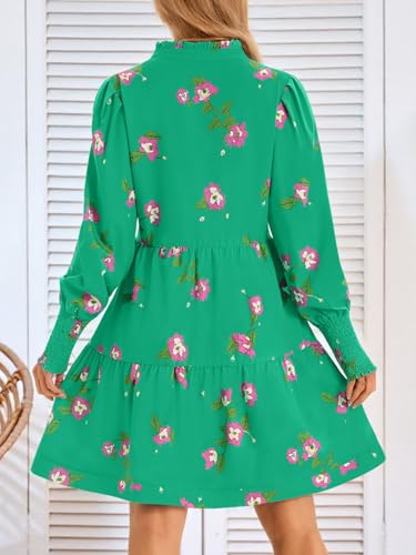 Image of Imily Bela Womens Fall Long Sleeve Tunic Dress Casual V Neck Tiered Dress | Loose,Swing,A-Line,Ruffled Collar,Puff Balloon Sleeve,Smocked Elastic Cuffs,Tiered Layered Ruffle Hem,Babydoll,Loose,Mini