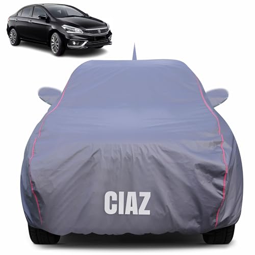 Image of 100% Waterproof Car Body Cover for Maruti Suzuki Ciaz with Mirror Pocket (Heat & UV Resistant, Triple Stitched, Soft Lining, Bottom Elastic & Piping) Grey