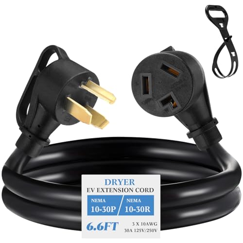 Kanayu 6.6 FT 3 Prong Dryer/EV Extension Cord 30 Amp NEMA 10-30P to 10-30R for 3 Prong Older Dryer and Level 2 EV Charging Power Flexible Cable STW 10 Gauge Cord with Grip Handle ETL Listed (Black)